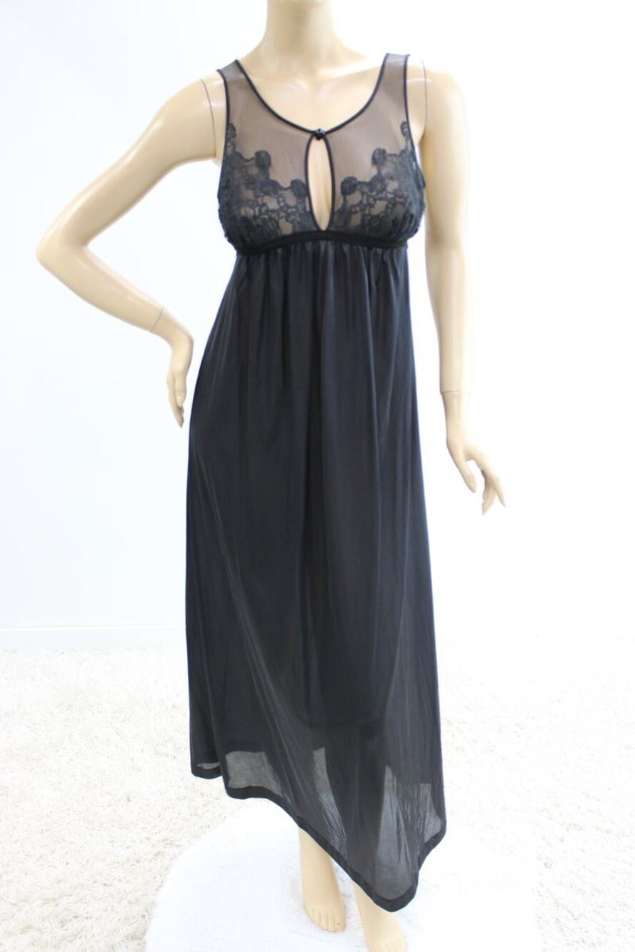 VTG Long Nightgown Komar Medium Illusion Lace Black Nylon Romantic Gothic Witchy